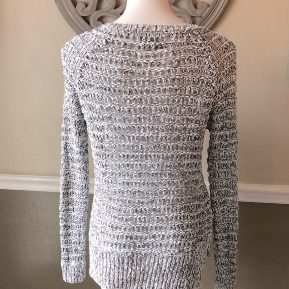 LOFT Chunky V-Neck Open Knit Sweater, Gray & White Marled | Sz S - Picture 3 of 9